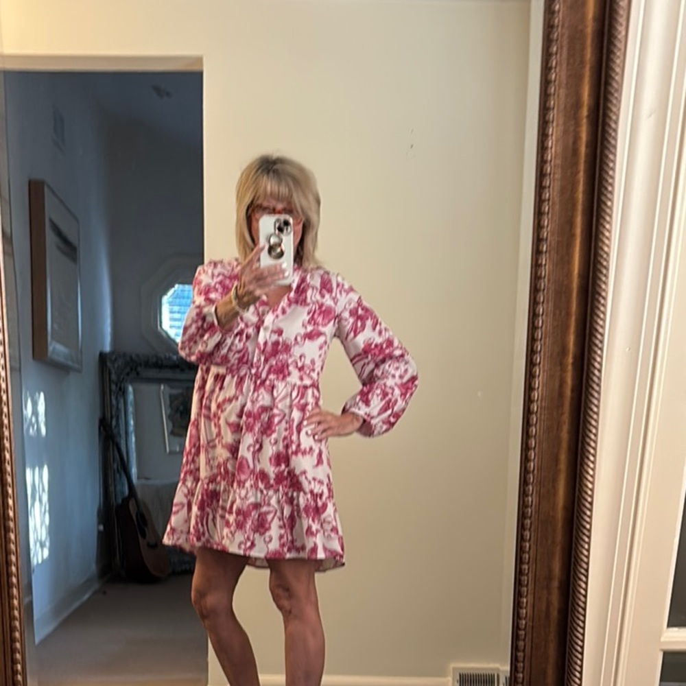 Pink and White Bishop Sleeve Sundress with Crew Neck